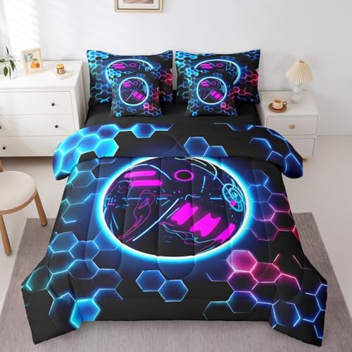 Erosebridal Bowling Games Comforter Sets with Sheets - Neon Ball Game Bedding Set Twin for Boys Girls Hexagon Honeycomb 7Pcs Bed in A Bag, Modern Geometric Bed Set