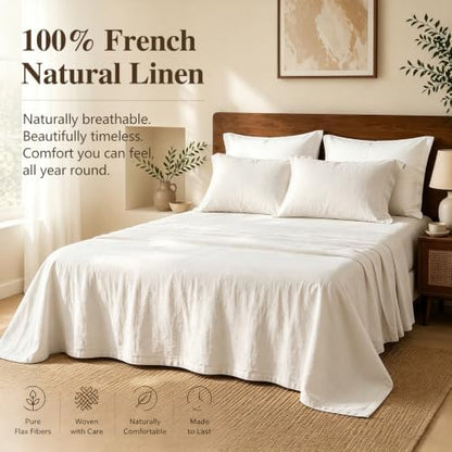 MEISHANG 100% French Linen Sheets California King,4 Pcs,16" Deep Pocket