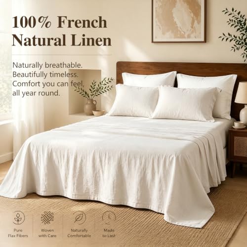 MEISHANG 100% French Linen Sheets King,4 Pcs,18-24" Extra Deep Pocket