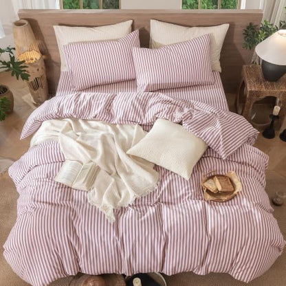 MooMee Striped Duvet Cover Set 100% Washed Cotton Linen Like King