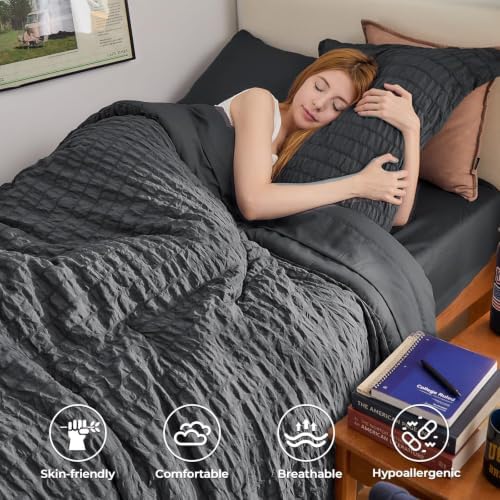 HYMOKEGE Twin Comforter Set Seersucker 5 Pieces, All Season Luxury Bed in a Bag for Bedroom, Bedding Set with Comforters, Sheets, Pillowcase & Sham, Dark Grey