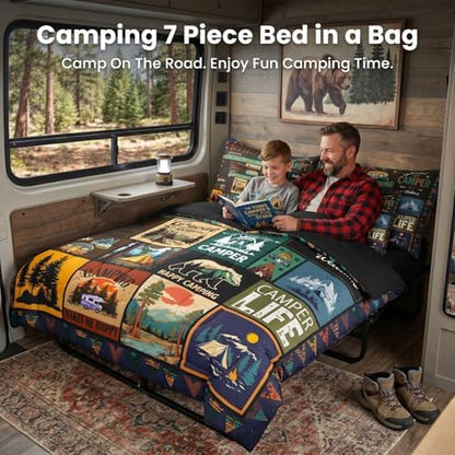 Erosebridal 7 Piece Camper King Comforter Set Happy Camping Bedding Set with Sheets for Camper Decor, RV Bedding Sets for Kids Boys Girls Rustic Patchwork Quilt Bed Sets for Travel Trailer