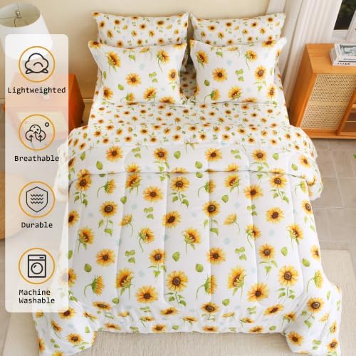 lasoftan Floral Queen Comforter Set with Sheets, 7 piece Luxury Vintage Bedding, Soft Microfiber Bed in a Bag, Cozy Lightweight Bed Set, Lavender Flower Grey Leaf