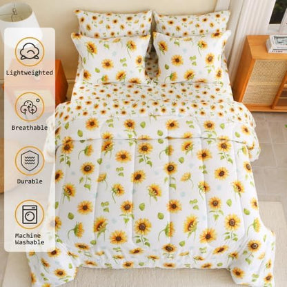 lasoftan Floral Queen Comforter Set with Sheets, 7 piece Luxury Vintage Bedding, Soft Microfiber Bed in a Bag, Cozy Lightweight Bed Set, Lavender Flower Grey Leaf
