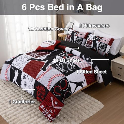 A Nice Night Sports Baseball Comforter Full Bedding Sets for Boys,Red