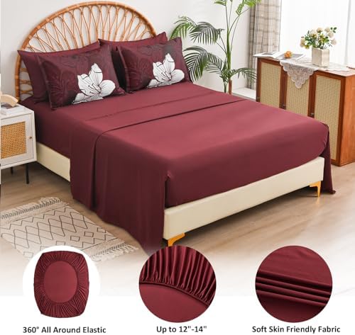 Luxudecor 7 Pieces King Size Comforter Set, Burgundy Floral Bed in a Bag Comforter and Sheet Set, Soft Microfiber Lightweight Bedding Set for All Season 104"×90"