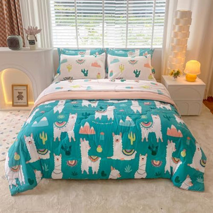 Wajade Kids Llama Comforter Set Bed in A Bag Queen Size 7 Piece Cute Alpaca Tropical Plant Cactus Bedding Set for Girls Boys (1 Comforter, 1 Flat Sheet, 1 Fitted Sheet, 2 Pillowcase and 2 Pillow Sham)