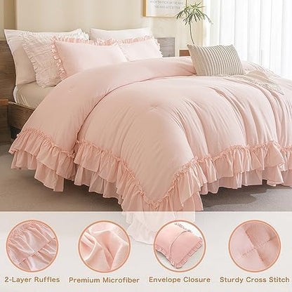 Masaca Shabby Ruffled King Comforter Set,Farmhouse Blush Pink Bedding Comforter Lightweight Ultra Soft Vintage French Country Bedding Set 3pc (1 Ruffle Comforter and 2 Pillowcases)