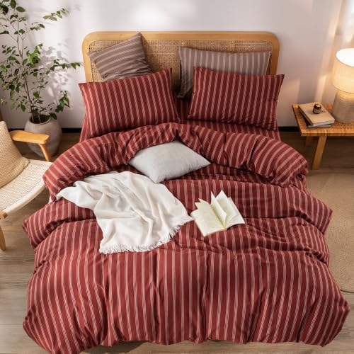 BESTOUCH Striped Cotton Duvet Cover Set Linen Feel Twin