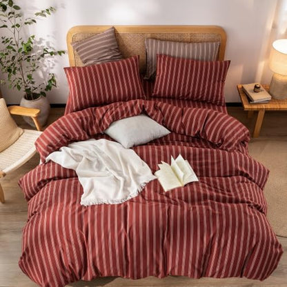 BESTOUCH Striped Cotton Duvet Cover Set Linen Feel Twin