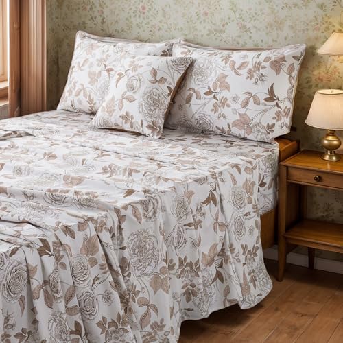 FADFAY Sheets Set Twin Vintage White and Brown Floral Bedding Elegant Peony Sheets Set Shabby Rose Farmhouse Bedding 100% Egyptian Cotton 800 Thread Count Deep Pocket Fitted Sheet 4Pcs, Twin Size
