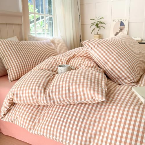 LifeTB Pink Gingham Comforter Set Queen Modern Style Blush Grid Comforter Set 3 Pieces Vintage Plaid Checkered Comforter with 2 Pillowcases Fluffy Soft Farmhouse Gingham Bedding Set Queen Size