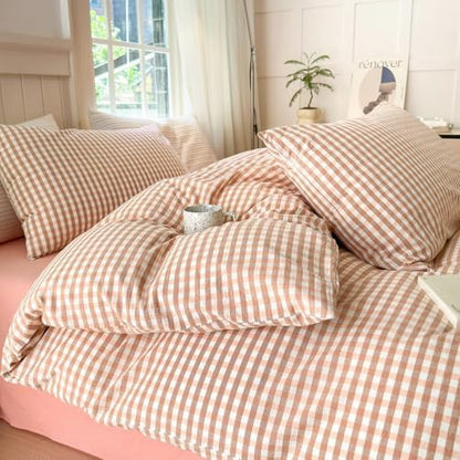 LifeTB Pink Gingham Comforter Set Full Modern Style Pink Plaid Comforter Set 3 Pieces Grid Checkered Pattern Comforter with 2 Pillowcases Fluffy Boho Farmhouse Gingham Bedding Comforter Full