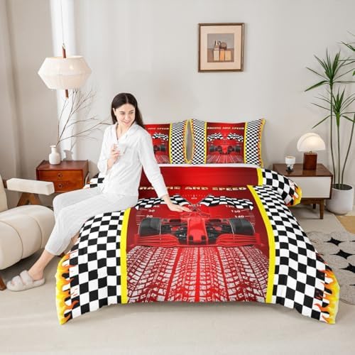 Race Car Comforter Sets for Boys Girls Black and White Checkered Bedding Red Racing Car Bedding Comforter Sets for Teens Adult Extreme Sport Theme Duvet Insert Speed Sports Car Bedroom Decor Twin