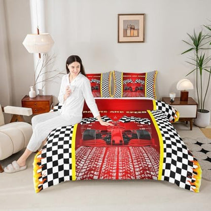 Race Car Comforter Sets for Boys Girls Black and White Checkered Bedding Red Racing Car Bedding Comforter Sets for Teens Adult Extreme Sport Theme Duvet Insert Speed Sports Car Bedroom Decor Twin