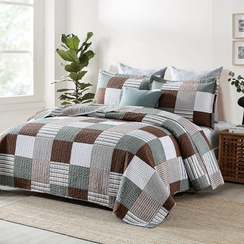 Y-PLWOMEN 100% Cotton King Size Quilt Farmhouse Plaid 3-Pieces Bedding