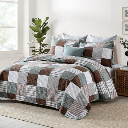 Y-PLWOMEN 100% Cotton King Size Quilt Farmhouse Plaid 3-Pieces Bedding
