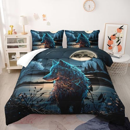 Nttopship Moon Wolf Comforter Set Queen Size, Wolf Night Moon Bedding Set 3 Piece for Kids Teens,Wild Animals Bedding Sets Soft Microfiber Comforter Sets for All Season