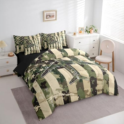 Erosebridal 7 Pcs Camo American Flag Comforter Set Twin Camouflage Military Aircraft Bedding Set for Boys Kids Teens Men Army Green Airplane Bed in A Bag with Sheets Vintage Patriotic Plane Bed Sets