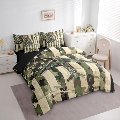 Erosebridal 7 Pcs Camo American Flag Comforter Set Full Camouflage Military Aircraft Bedding Set for Boys Kids Teens Men Army Green Airplane Bed in A Bag with Sheets Vintage Patriotic Plane Bed Sets