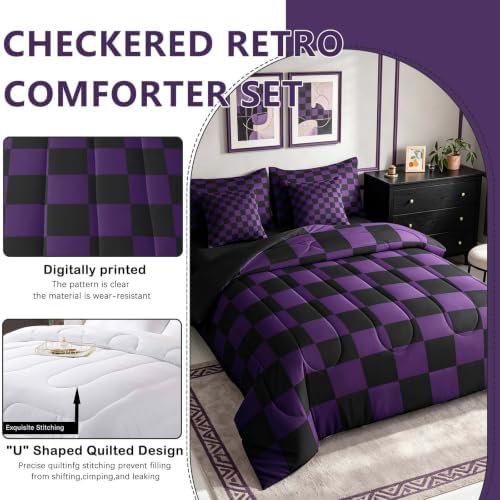 Feelyou Checkered Full Comforter Set with Sheets for Kids Boys Girls Purple Black Plaid 7 Pieces Bedding Set Cute Retro Neutral Checkerboard Geometric Bed in a Bag Vintage Aesthetic Room Decor Soft