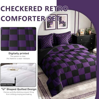 Feelyou Checkered Full Comforter Set with Sheets for Kids Boys Girls Purple Black Plaid 7 Pieces Bedding Set Cute Retro Neutral Checkerboard Geometric Bed in a Bag Vintage Aesthetic Room Decor Soft