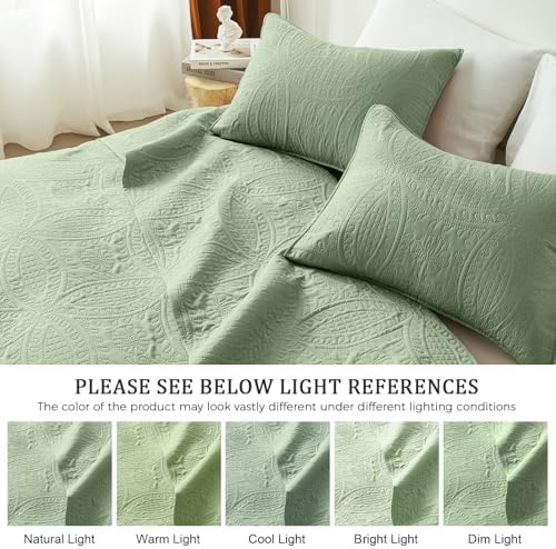akkialla King Size Quilt Set,Sage Green Ultrasonic Bedspread,Lightweight Soft Coverlet with Modern Coin Pattern,All Season California King Bedding Set,3 Piece Set(1 Quilt,2 Pillow Shams)