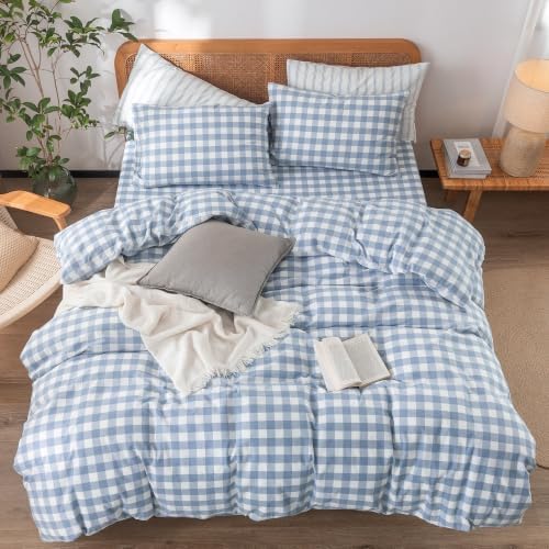 BESTOUCH Gingham Cotton Duvet Cover Set Cornflower Blue California King