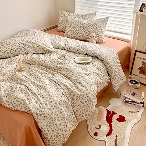 mixinni Boho Floral Girls Duvet Cover Set King Size Soft Cotton Comforter Cover Set Farmhouse Shabby Chic Flower Duver Cover for Women, 1 Cute Floral Duver Cover and 2 Pillowcases for All Seasons