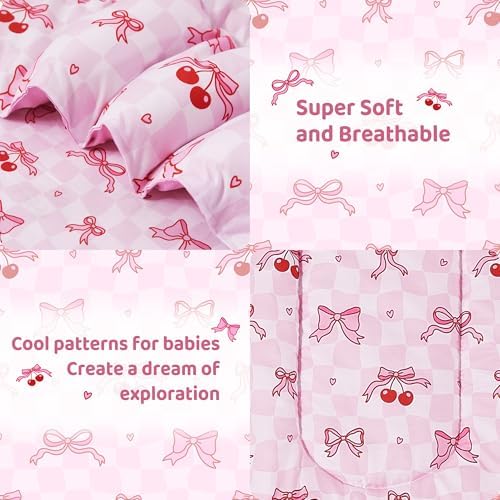 lasoftan Toddler Bedding Set, Toddler Bed Comforter Sets for Girls, Toddler Bed Set, Pink Cherry Printed