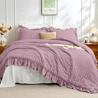 JOLLYVOGUE Dusty Purple Full Comforter Set,3pcs Seersucker Comforters Full