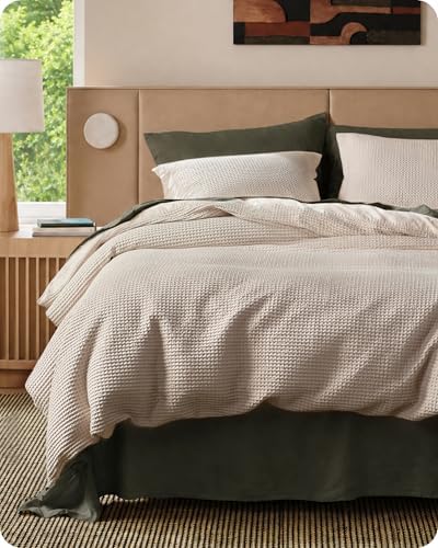 Bedsure PureWoven 3 Pieces 100% Cotton Waffle Duvet Cover Set, King, Linen