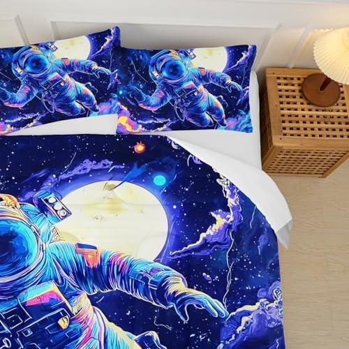 Kids Dark Blue Astronaut Comforter Set Full Size for Boys，Outer Space Themed Full Size Bedding Set，with 1 Comforter with 2 Pillow Case，Astronaut Themde Bedroom Decor for Boys Kids
