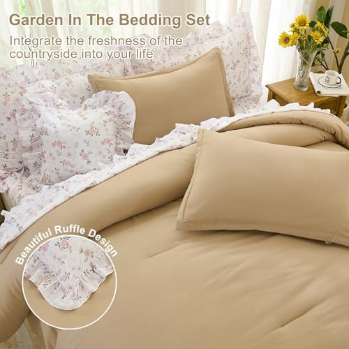 WONGS BEDDING 8PC Queen Comforter Set, Ruffle Comforter with Floral Sheets