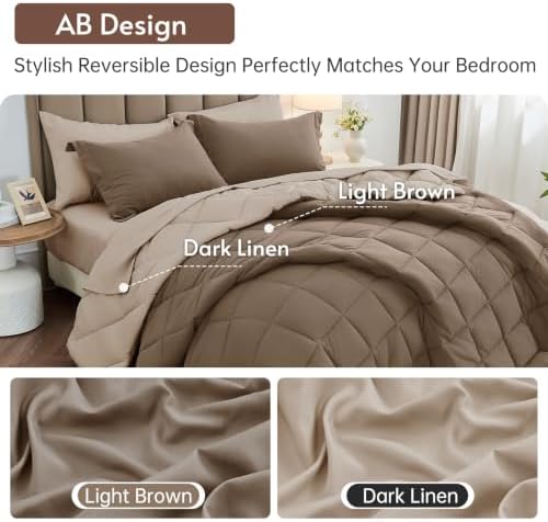 MUXHOMO 5 Pieces Twin Comforter Set, Reversible Bed in a Bag Twin Size, All Season Bedding Set with Comforter, Flat Sheet, Fitted Sheet, Pillowcases & Shams, Light Brown & Dark Linen