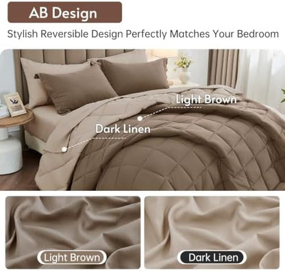 MUXHOMO 5 Pieces Twin Comforter Set, Reversible Bed in a Bag Twin Size, All Season Bedding Set with Comforter, Flat Sheet, Fitted Sheet, Pillowcases & Shams, Light Brown & Dark Linen