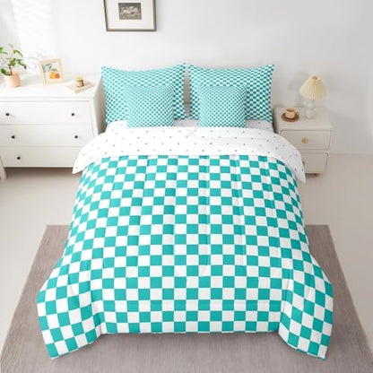 jejeloiu Teal Checkered Bedding Set 7Pcs King Size Kids Classic Plaid Comforter Set with Sheets for Boys Girls Grid Buffalo Check Bed in a Bag Soft Lightweight,Microfiber