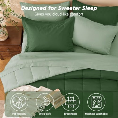King Comforter Set with Sheets- 7 Pieces Bed in a Bag Green Bedding Sets