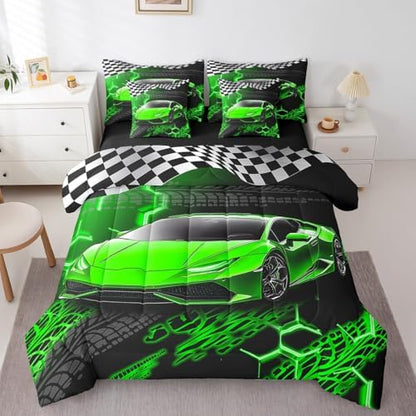 Feelyou Racing Car Bed Set for Kids Boys Girls Twin Size Speed Sports Car 7 Pieces Beeding Set Teen Adult Soft Extreme Sports Bed in a Bag with Comforter, Sheets, Pillowcases Honeycomb Pattern