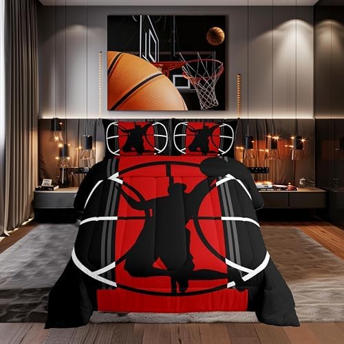 Basketball Comforter Set Queen for Boys Kids Sports Games Room Decor Red and Black Comforter Aldults Bedroom Basketball Court Bedding Set 1 Comforter with 2 Pillow Cases,Lightweight Warm Soft