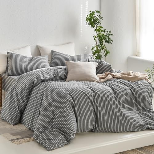 MooMee Striped Duvet Cover Set 100% Washed Cotton Linen Like Alaska King