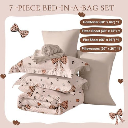 Wajade 7 Piece Cheetah Bow Comforter Set for Girls Kids Twin Size Bedding Set with Sheet and 2 Pillowcases 2 Pillow Shams Cute Girls Bed in a Bag as Birthday Choice