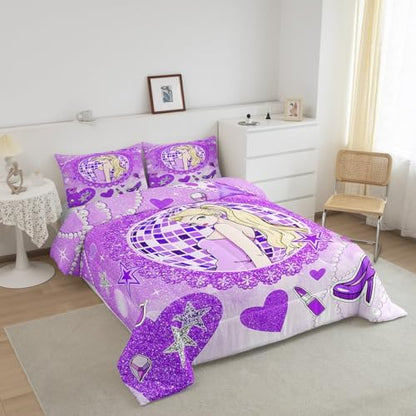 Girly Princess Kids Comforter Set Queen Size,High-heeled Shoes Lip Bowknot Romantic Bedding Set,Girls Women Room Decor,Glitter Sequin Diamond Down Comforter,Purple Dreamy Duvet Insert,2 Pillowcases