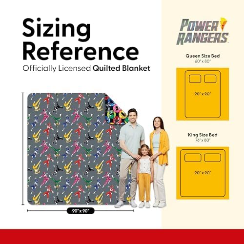 Northwest Power Rangers Rangers Go Full/Queen Quilted Blanket, Comfy Throw, Adults Boys Girls, Soft Lightweight Bedding for Bed, or Couch, 90 x 90 inches