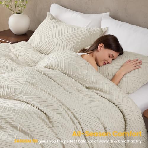 California King Comforter Set, Boho Tufted 3-Piece Bedding Set, Beige
