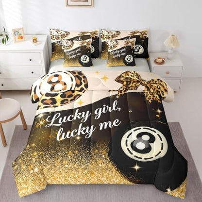 Erosebridal Y2K Lucky 8 Ball Twin Bedding Set 7 Piece for Boys Girls Preppy Fashion Leopard Bowknot Comforter Set for Kids Adults,Golden Glitter Print Bed in A Bag Funky Trendy Aesthetic Bed Set