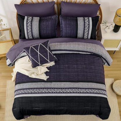 Dintszyayue Purple Cal King Comforter Size Set, 8 Pieces Boho Striped Texture Bed in a Bag Sets, Lightweight Soft Bohemian Comforter and Sheet Set, All Season Microfiber Bedding Sets for Men Women