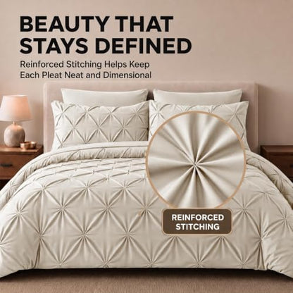 HIMEET Twin Comforter Set Beige - 5 Pieces Pintuck Bed in a Bag