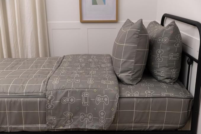 Beddy's Video Game Themed Durable Zipper Bedding for Kids, Bed in a Bag, Gray Comforter & Sheets with Gaming Controller Design for Gamers, Includes Pillowcase & Pillow Sham, Easy to Make & Wash