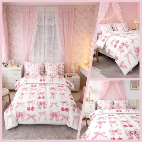 White Cherry Bow Full Size Bed Sheets and Comforter Set, Cute Silk Ribbon Bowknot 7 Piece Bedding Set Princess Bow Tie Bed in a Bag, Dreamy Kawaii Room Decor,Girly Light Pink Room Decor Aesthetic